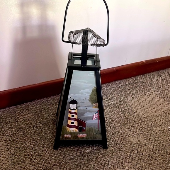 Vintage Other - Artisan Hand painted glass and metal lighthouse candle holder lantern decor
